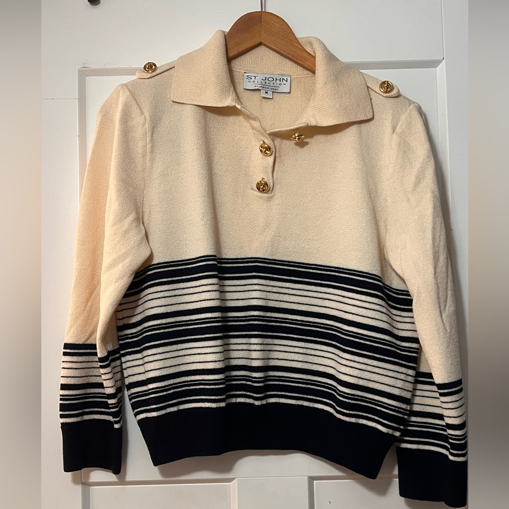 VTG  St John Collection Marie Gray Knit Sweater Navy Cream Striped Gold Button
